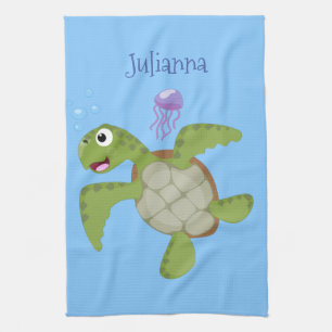 Cute green sea turtle happy cartoon illustration kitchen towel