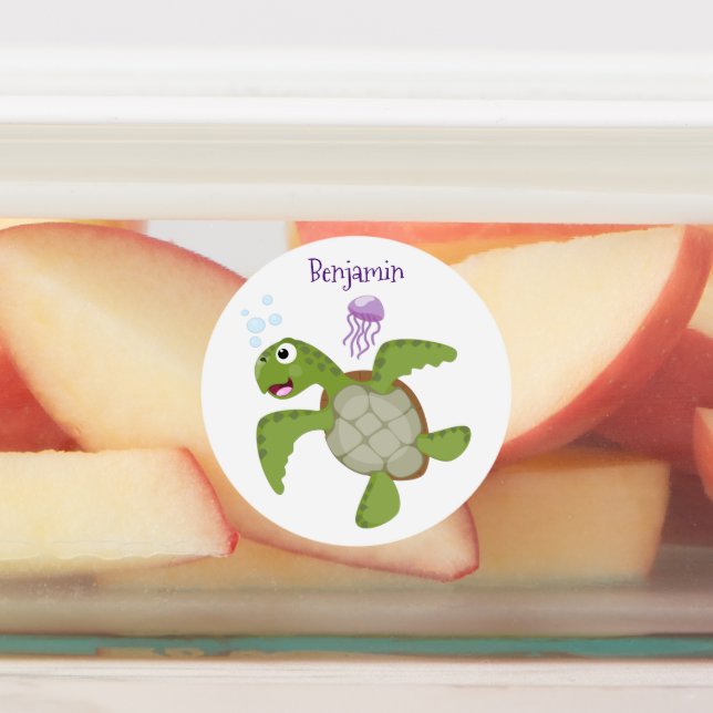 Cute green sea turtle happy cartoon illustration labels (Affixed)