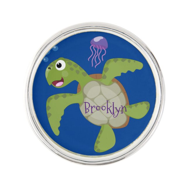 Cute green sea turtle happy cartoon illustration lapel pin (Front)