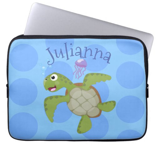 Cute green sea turtle happy cartoon illustration laptop sleeve