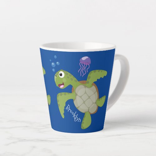 Cute green sea turtle happy cartoon illustration latte mug