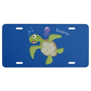 Cute green sea turtle happy cartoon illustration license plate