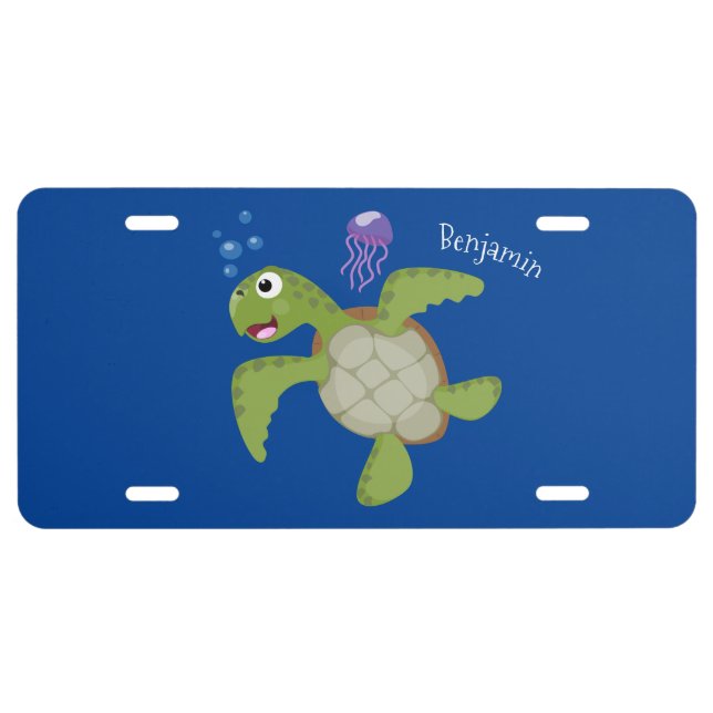 Cute green sea turtle happy cartoon illustration license plate (Front)