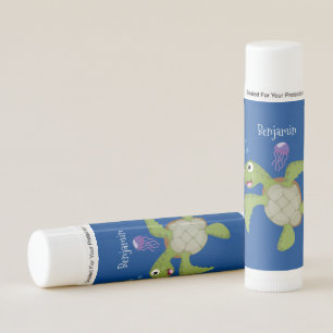 Cute green sea turtle happy cartoon illustration lip balm