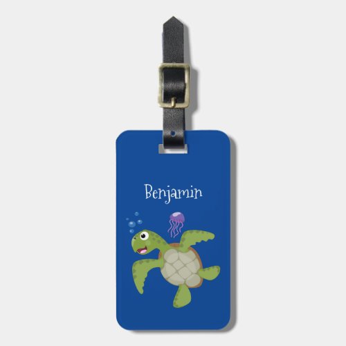 Cute green sea turtle happy cartoon illustration luggage tag