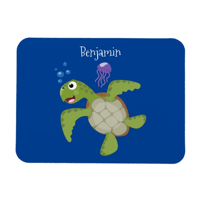 Cute green sea turtle happy cartoon illustration magnet (Horizontal)