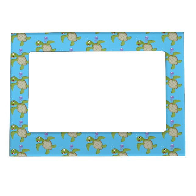 Cute green sea turtle happy cartoon illustration magnetic frame (Front)