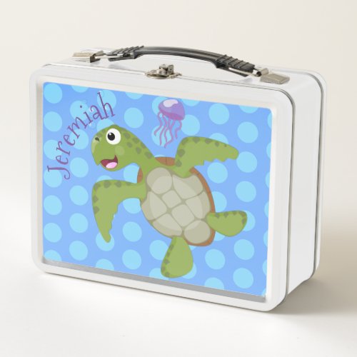 Cute green sea turtle happy cartoon illustration metal lunch box