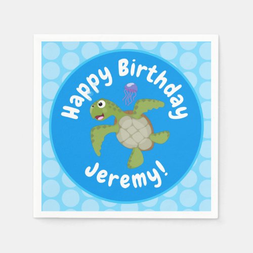 Cute green sea turtle happy cartoon illustration napkins