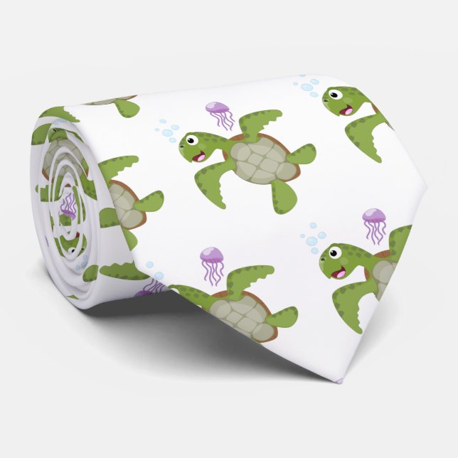 Cute green sea turtle happy cartoon illustration neck tie (Rolled)