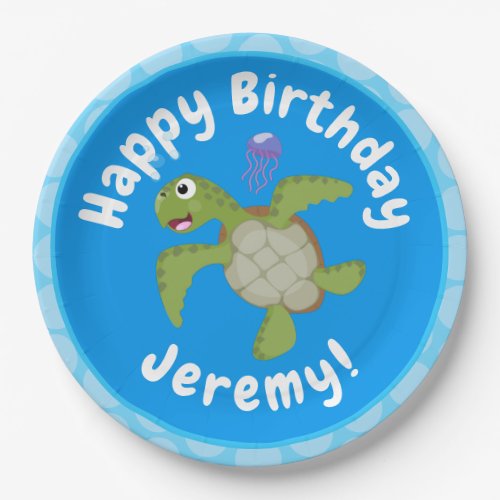 Cute green sea turtle happy cartoon illustration paper plates
