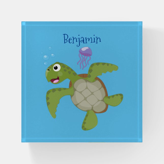 Cute green sea turtle happy cartoon illustration paperweight (Front)