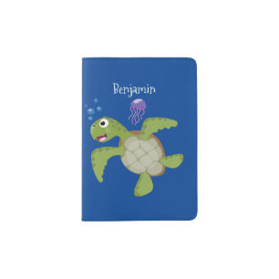Cute green sea turtle happy cartoon illustration passport holder