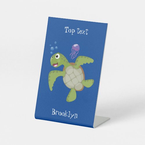 Cute green sea turtle happy cartoon illustration pedestal sign