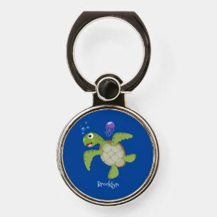 Cute green sea turtle happy cartoon illustration phone ring stand