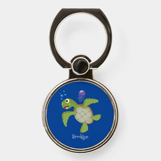 Cute green sea turtle happy cartoon illustration phone ring stand (Front)