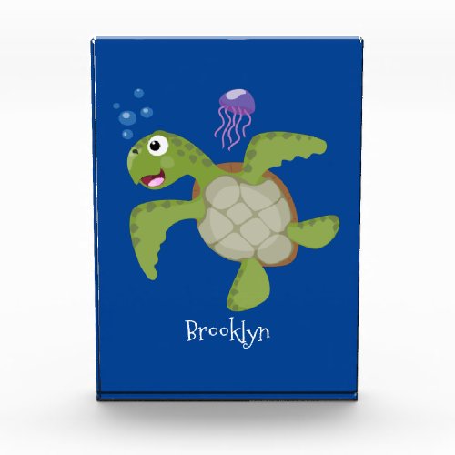 Cute green sea turtle happy cartoon illustration photo block