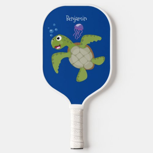 Cute green sea turtle happy cartoon illustration  pickleball paddle