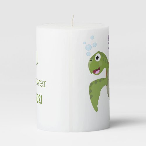 Cute green sea turtle happy cartoon illustration pillar candle