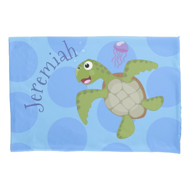 Cute green sea turtle happy cartoon illustration pillow case (Front)