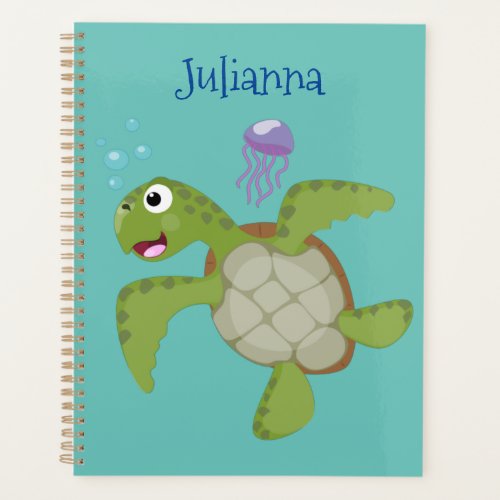 Cute green sea turtle happy cartoon illustration planner
