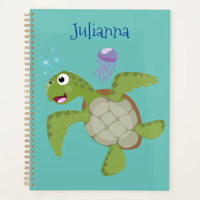 Cute green sea turtle happy cartoon illustration planner | Zazzle