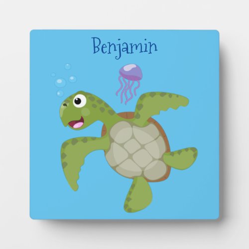 Cute green sea turtle happy cartoon illustration plaque