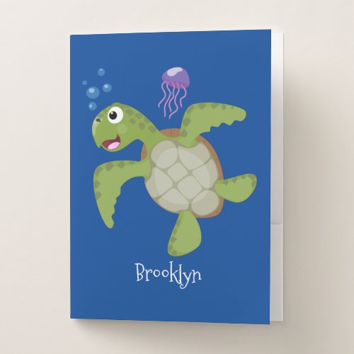 Cute green sea turtle happy cartoon illustration pocket folder