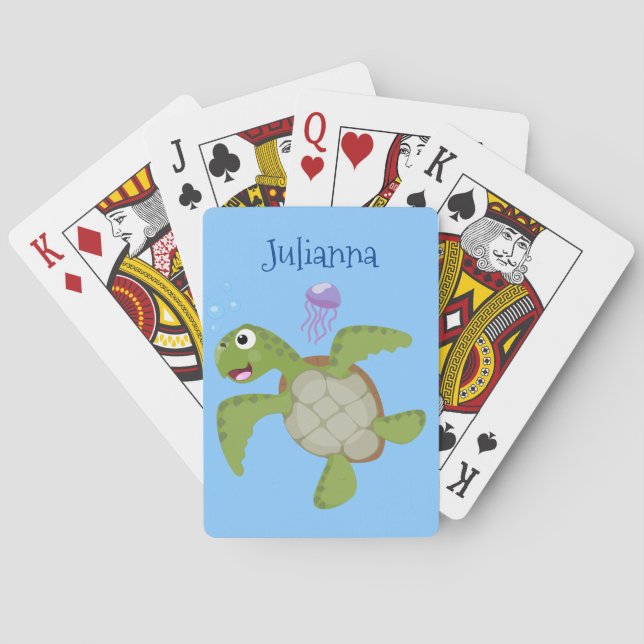 Cute green sea turtle happy cartoon illustration poker cards (Back)
