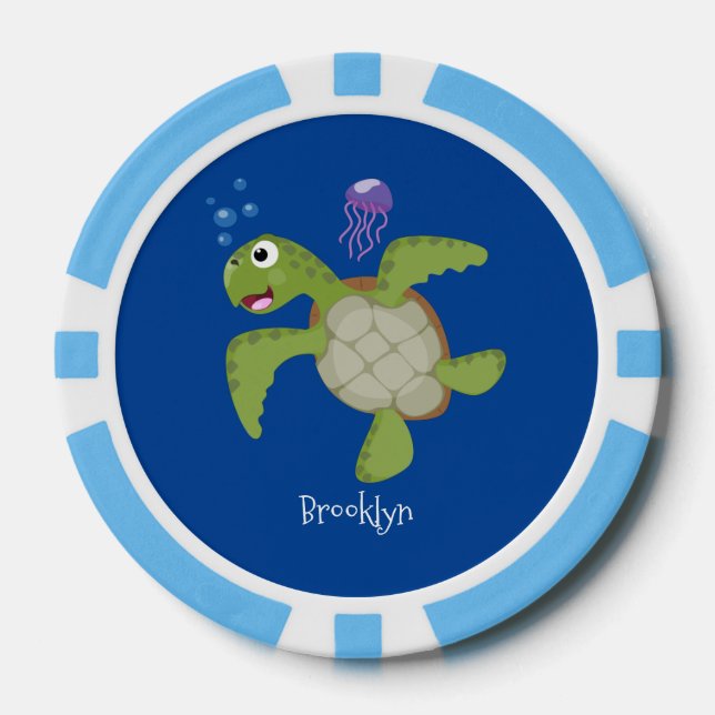 Cute green sea turtle happy cartoon illustration poker chips (Front)