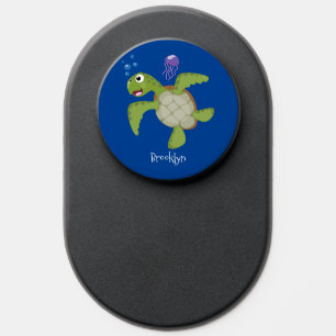 Cute green sea turtle happy cartoon illustration PopSocket