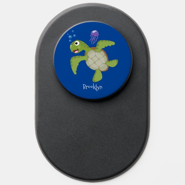 Cute green sea turtle happy cartoon illustration PopSocket (Popsocket)