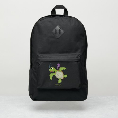 Cute green sea turtle happy cartoon illustration port authority backpack