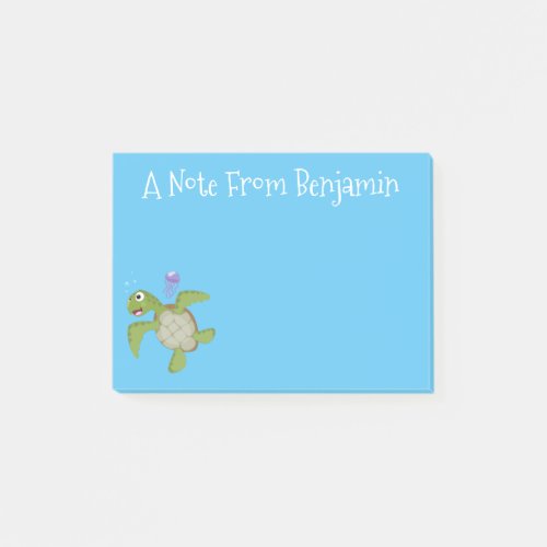 Cute green sea turtle happy cartoon illustration post_it notes