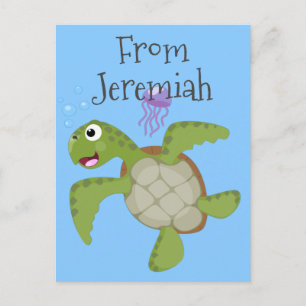 Cute green sea turtle happy cartoon illustration postcard
