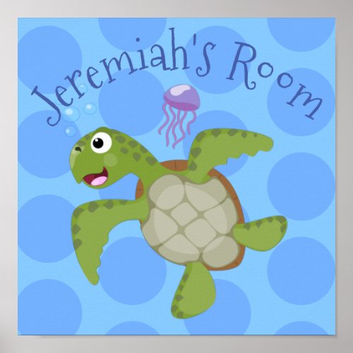 Cute green sea turtle happy cartoon illustration poster