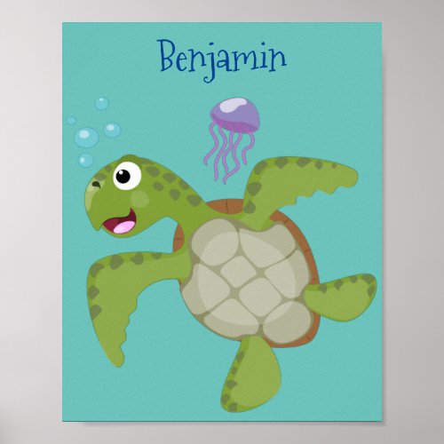 Cute green sea turtle happy cartoon illustration poster