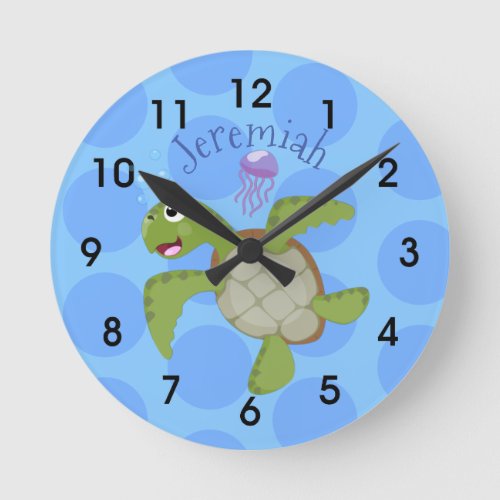 Cute green sea turtle happy cartoon illustration round clock