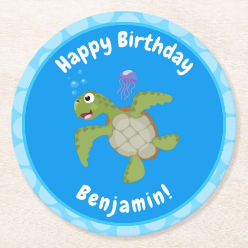 Cute green sea turtle happy cartoon illustration round paper coaster
