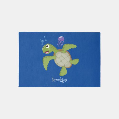 Cute green sea turtle happy cartoon illustration rug