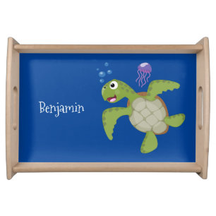Cute green sea turtle happy cartoon illustration serving tray