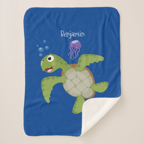 Cute green sea turtle happy cartoon illustration sherpa blanket