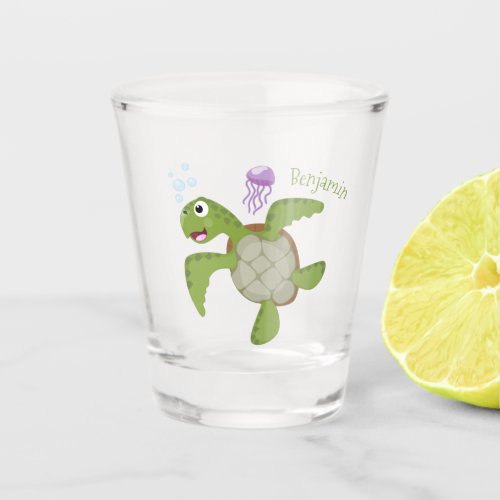 Cute green sea turtle happy cartoon illustration  shot glass