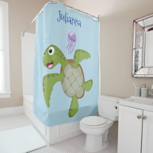 Cute green sea turtle happy cartoon illustration shower curtain
