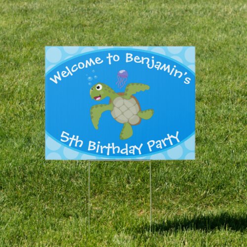 Cute green sea turtle happy cartoon illustration sign