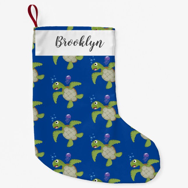 Cute green sea turtle happy cartoon illustration small christmas stocking (Front)