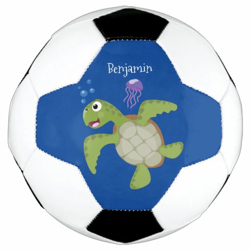 Cute green sea turtle happy cartoon illustration soccer ball