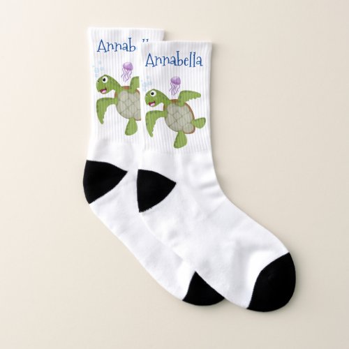 Cute green sea turtle happy cartoon illustration socks