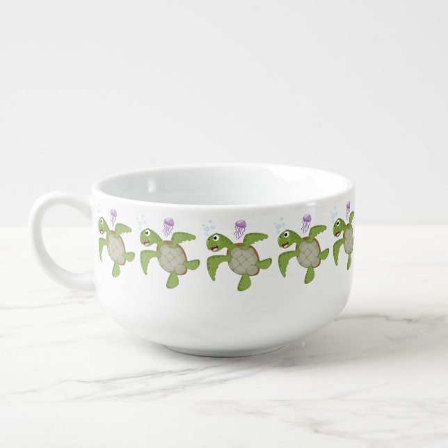Cute green sea turtle happy cartoon illustration soup mug (Right)