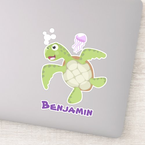 Cute green sea turtle happy cartoon illustration sticker